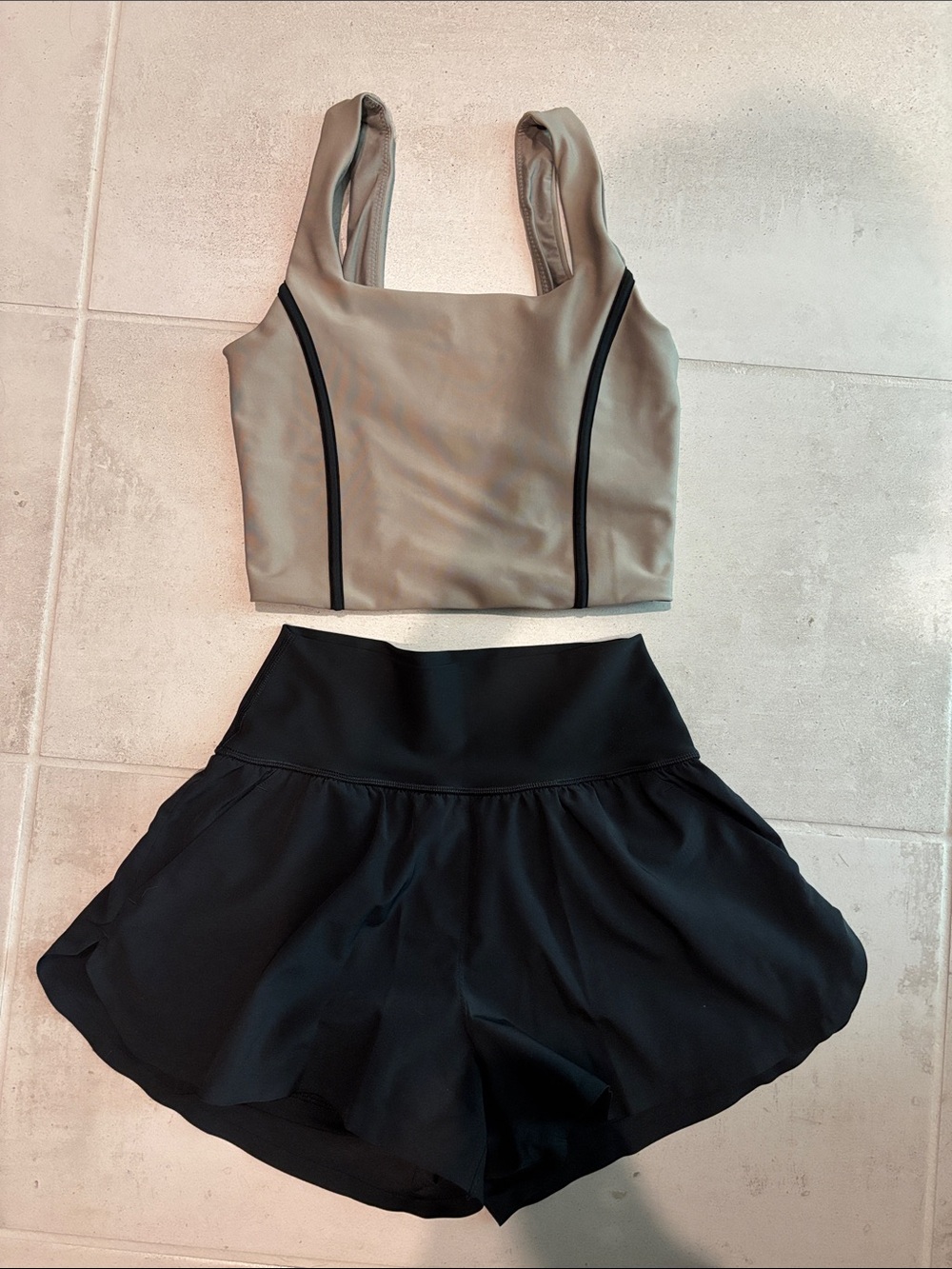 Abercrombie & Fitch YPB Tank and Short Set - Taupe Top with Black Shorts - Picture 2 of 2